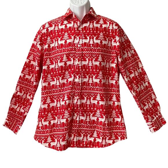 Simon Banks Reindeer Print Christmas Dress Shirt Size Medium (15.5) - Picture 1 of 4